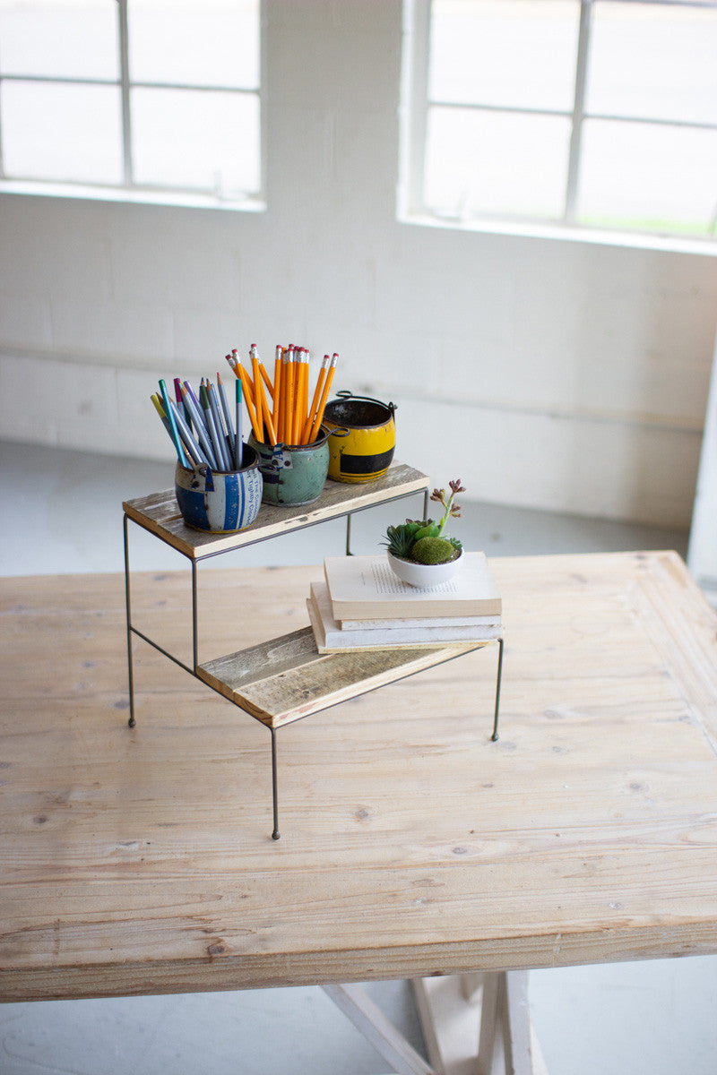 Two Tiered Recycled Wood and Metal Display Stand