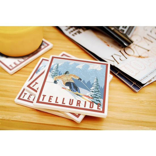Telluride, CO Downhill Skier Ceramic Coaster